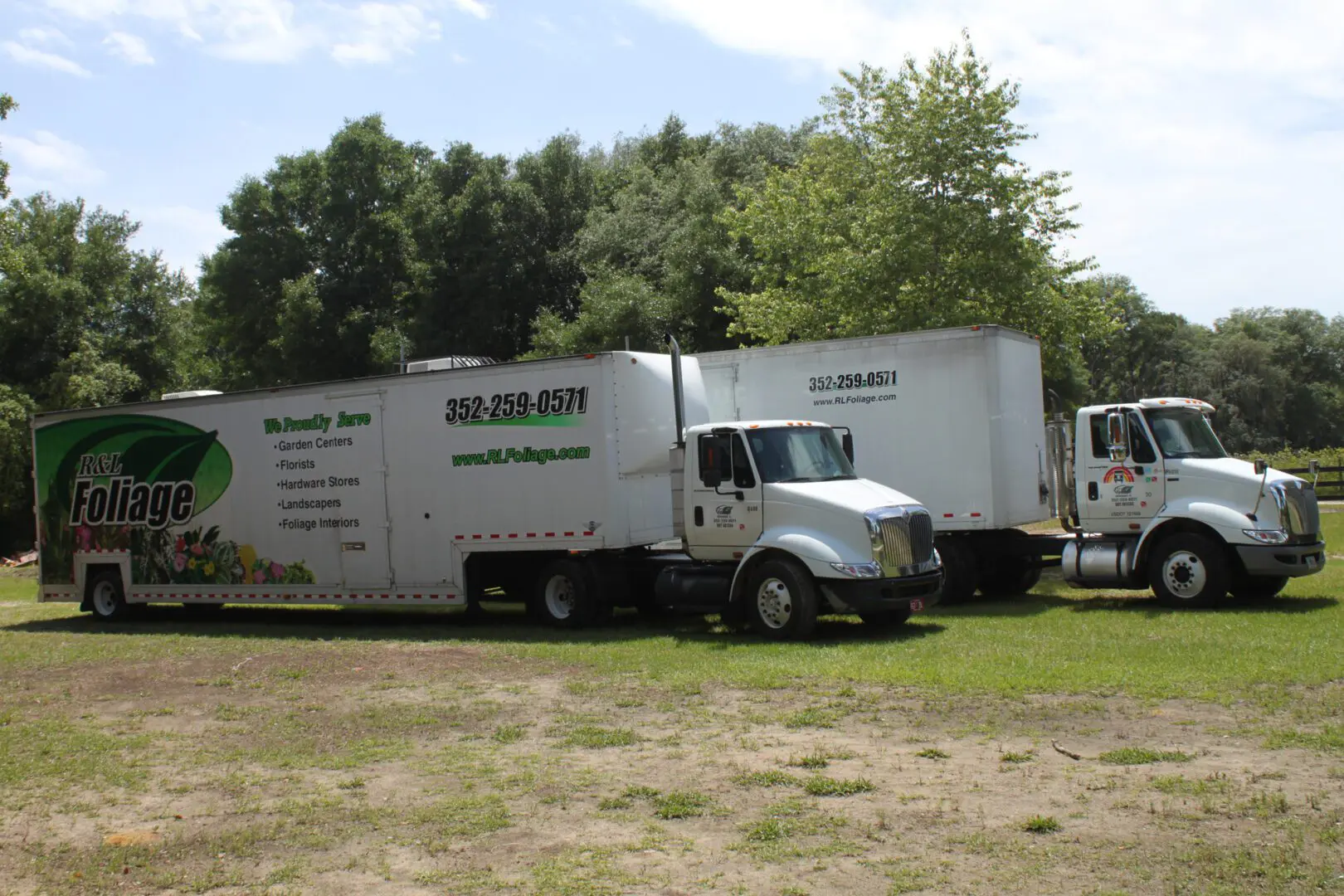 A white truck parked in the grass near trees.